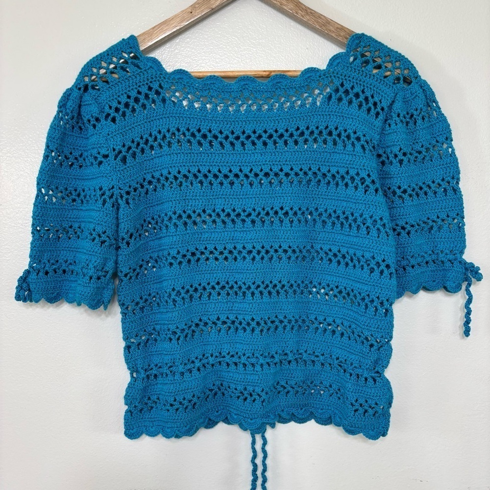 Handmade Teal Crochet Scalloped Hem Top Size M/L - Picture 5 of 5